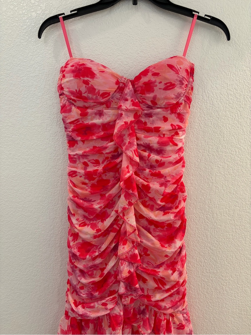 Fashion Nova Pink Red Floral Strapless Ruching Dress